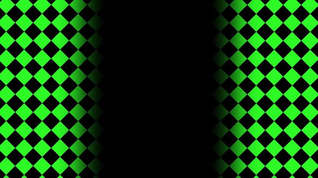 Green and black checkerboard patterns slide horizontally on both sides leaving a vertical black column in the middle.