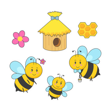 Bee family with baby, mom and dad. Cute insects, bee family with hive, honeycomb and flower.