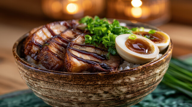 japanese chashu don with thick slices of pork belly