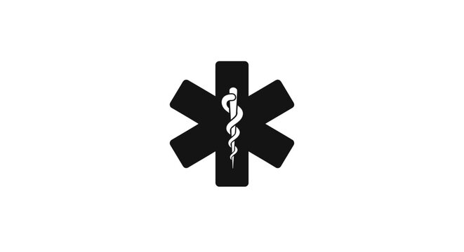 Black Star of Life symbol with Rod of Asclepius isolated on white background.