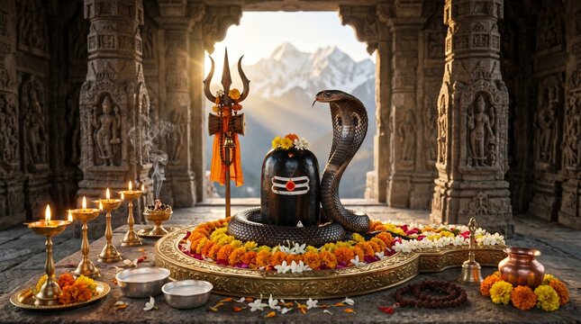 image Happy Nag Panchami greeting banner with Lord Shiva Lingam and holy cobra