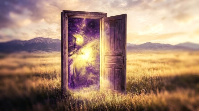 Ancient door stands open in golden field. Purple starlight spills through its cracked frame. Mountains fade softly into twilight sky. Luminous glow pulses from beyond the threshold