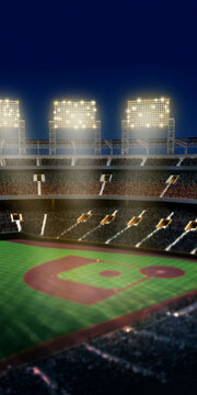 Vertical view of packed 3D baseball stadium and illuminated field at night. Concept of championship advertising, vertical game day posters, arena lighting and tournament backdrops.