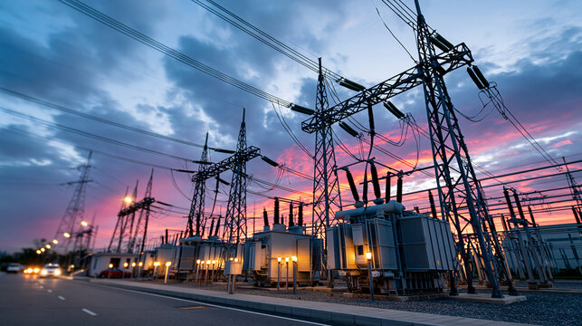 Gigantic generic heavy industrial transformers and electrical grid equipment arranged perfectly in a clean modern high-voltage substation. Silhouetted against a twilight sky. sligh