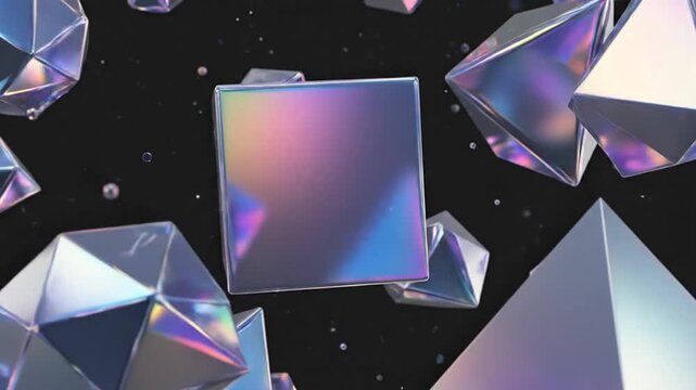Abstract floating geometric shapes with iridescent metallic surfaces