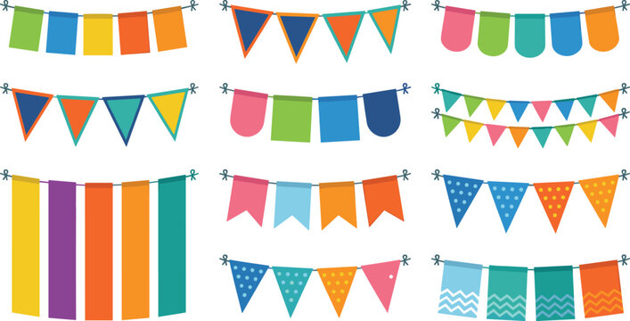 Colorful Party Banner and Bunting Icon Set Featuring Rectangles, Triangles, Polka Dots, Zigzags, and Stripes