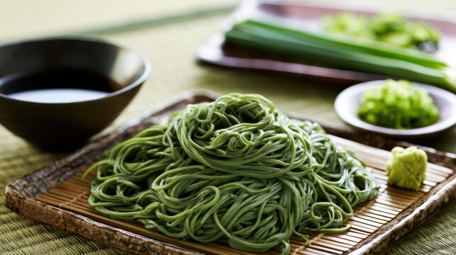 chilled japanese cha soba with green tea food photography