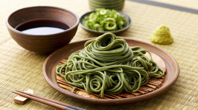 chilled japanese cha soba with green tea in elegant presentation