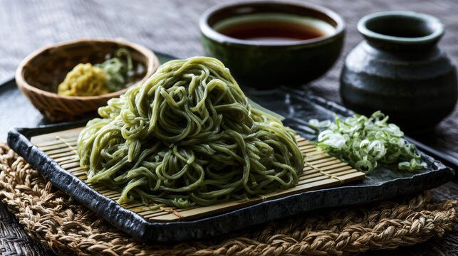 chilled japanese cha soba with green tea food photography