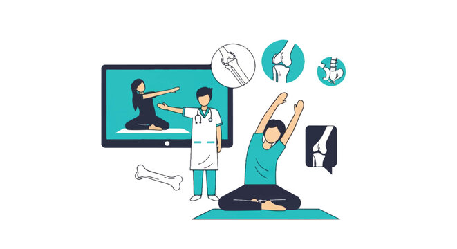 A minimalist flat vector of a person performing a stretching exercise in front of a monitor showing a physiotherapist demonstrating the same pose, floating joint and bone icons, turquoise and