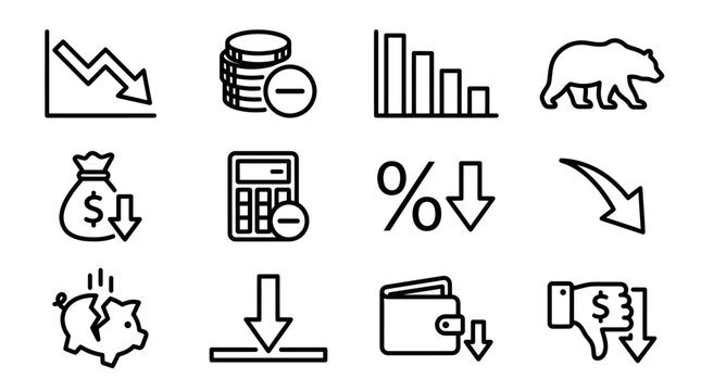 Economic recession and financial bear market icons.