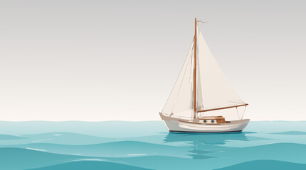 Fototapeta premium Peaceful small wooden sailboat drifting on a calm blue sea under a clear sky, minimalist flat vector illustration of nautical summer vacation, maritime adventure and ocean travel on light background.