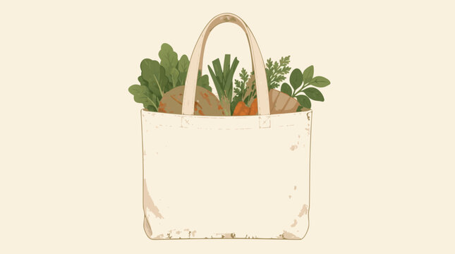 Eco-friendly reusable canvas tote bag for grocery shopping, flat vector illustration isolated on a light background, promoting sustainability, plastic-free living and environmental care.