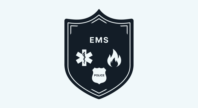 Combined emergency services shield emblem with medical fire and police symbols.