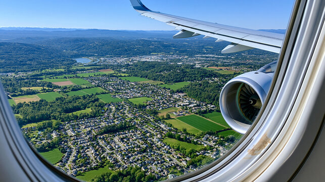 photo taken through an airplane window just after takeoff, looking down at the patchwork of green fields and tiny suburban houses shrinking below. The plastic window frame is visib