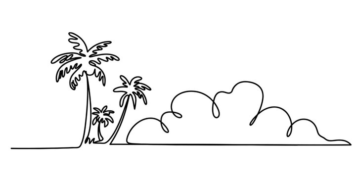 Continuous line drawing of palm trees and clouds