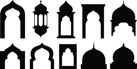 Collection of oriental middle eastern door silhouette elements classic mosque architectural frames. © ASDF