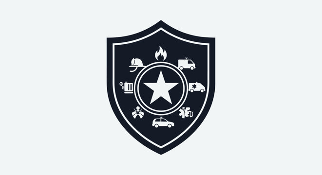 Black and white shield emblem with emergency services icons.