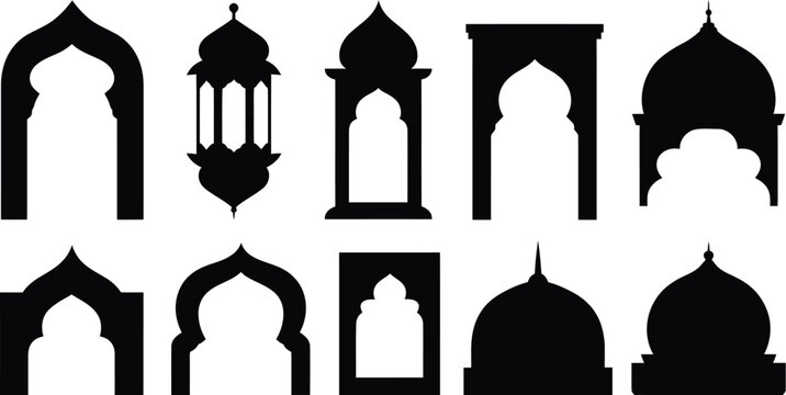 Collection of oriental middle eastern door silhouette elements classic mosque architectural frames.