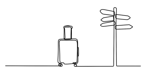Continuous line drawing of a travel suitcase and signpost © Sojib