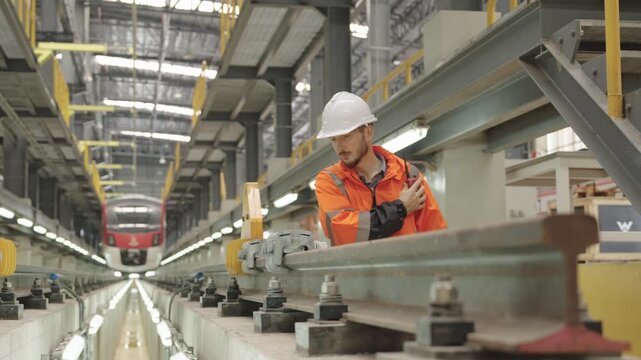 High-visibility worker communicates with Electric Train via radio during railway maintenance operations within dark industrial tunnel setting featuring metal tracks and overhead lighting equipment.