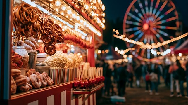Amusement Park Night Scene with Food Stalls and Ferris Wheel.