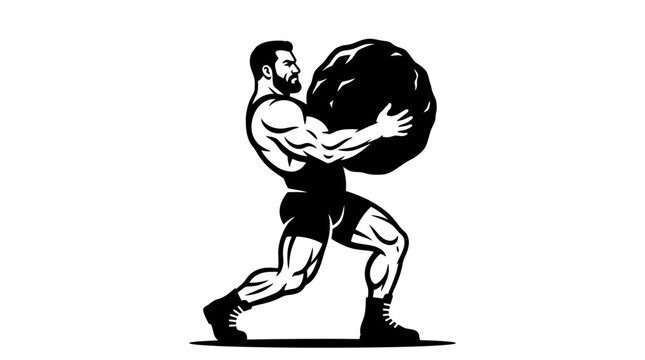 Muscular Man Carrying Large Boulder, Strength and Determination Concept