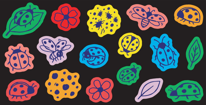 Colorful hand-drawn insect and floral stickers on a black background, featuring ladybugs, bees, and leaves in various shapes and patterns.