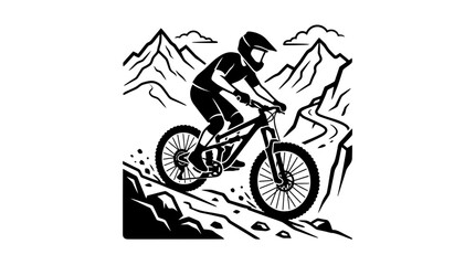 Naklejka premium Mountain Biker Descending Rocky Trail with Mountains in Background