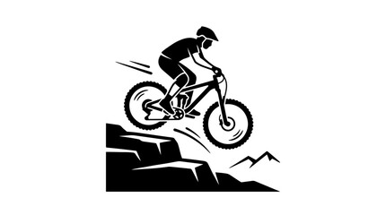 Obraz premium Mountain biker jumping over rocks, extreme sports silhouette, dynamic action