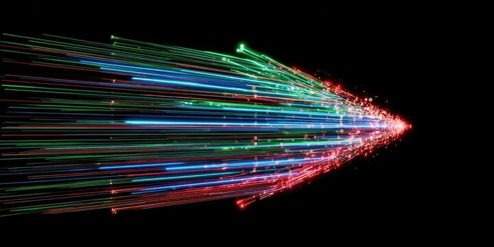 Streaks of light in red, blue, and green converge into a point