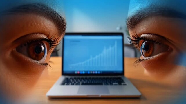 Giant eyes watching financial growth chart on laptop screen representing surveillance and data monitoring.