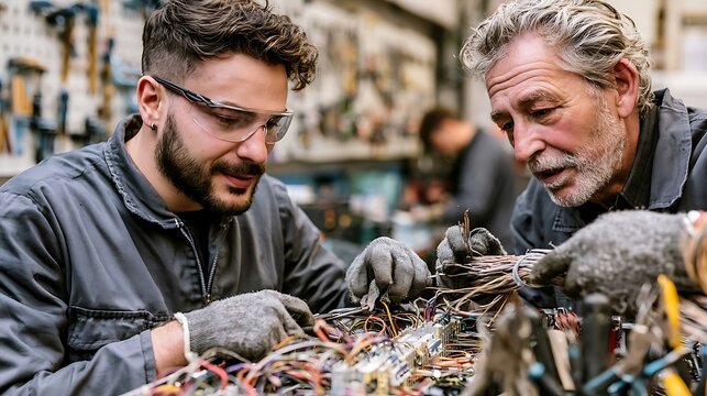 Two mechanics working together on a complex electrical wiring system in a workshop.