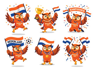 Fototapeta premium Joyful owl mascot celebrates victory with Dutch flags and confetti, wearing team jersey and holding trophy