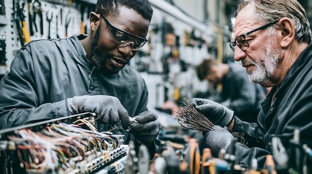 Two mechanics working together on a complex engine in a workshop.