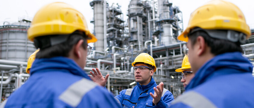 > Industrial manager or safety inspector giving a morning briefing to a team of workers at an oil refinery or chemical plant. Concept of teamwork, toolbox talk, and leadership. Panoramic banner