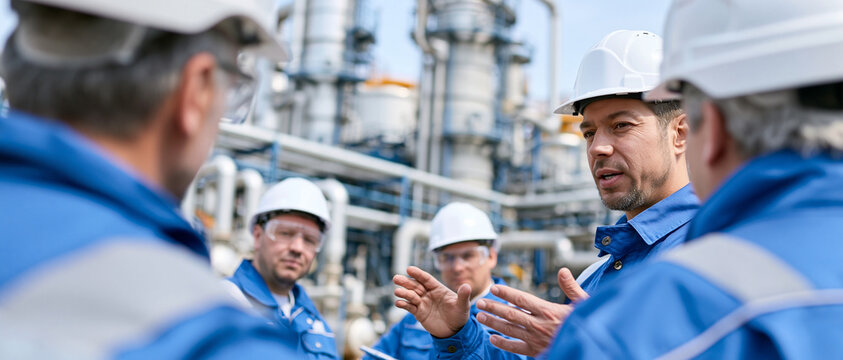 Vorarbeiter leitet eine Teambesprechung mit Industriearbeitern in einer petrochemischen Anlage. Konzept f&uuml;r Arbeitssicherheit, Teamwork und &Ouml;lraffinerie. Panorama-Banner