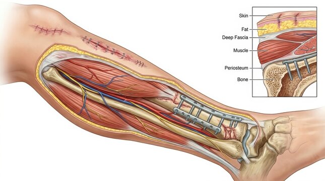 Surgical repair of a fractured tibia with internal fixation using a metal plate