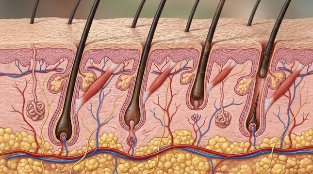 Detailed cross-section of human skin showing hair follicles, sebaceous glands, and blood vessels
