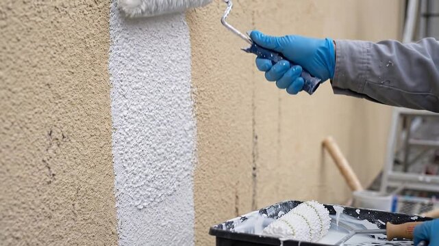 Handheld tracking: painter's gloved hand rolls white paint on textured stucco exterior; close-up of roller and surface; ladder and scaffold visible.
