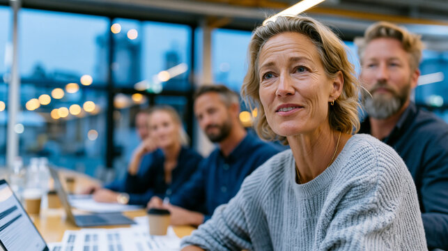 A realistic post-pilot project debrief in an industrial company canteen after hours, four professionals in business casual sitting on one side of a long canteen table with laptops