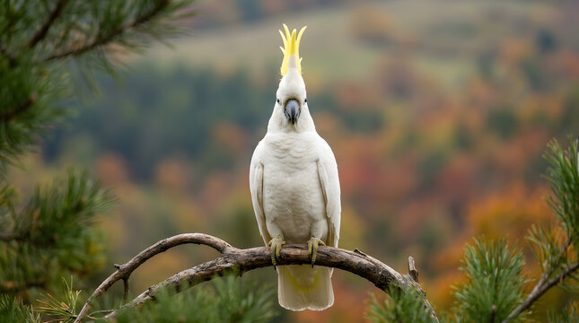 Sulphur-crested Cockatoo Perched on Branch with Autumn Background