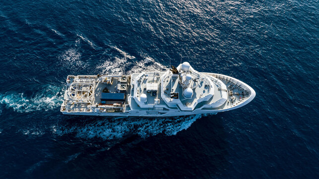 Ultra realistic aerial photography of a modern hydrographic survey vessel viewed directly overhead, perfectly centred, showing full bow to stern length. Vessel conducts a slow surv