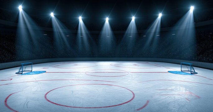 Empty ice rink with bright spotlights and audience stands
