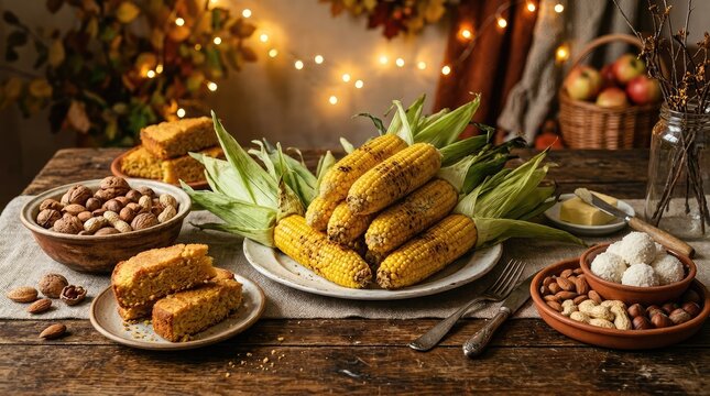 Delicious traditional Festa Junina food assortment with corn cake and popcorn on a rustic wooden table setup