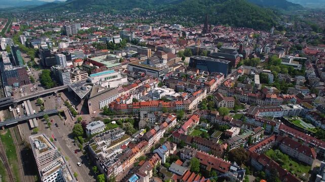 Aerial view beside the old town of the city Freiburg im Breisgau, in Germany on a sunny spring noon