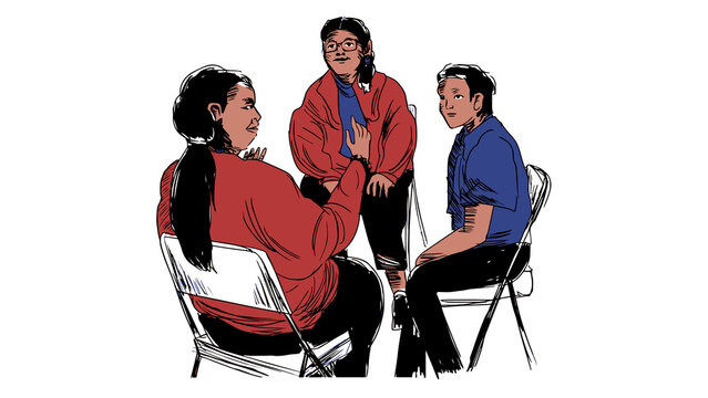 Illustration of three indigenous women sitting in a talking circle