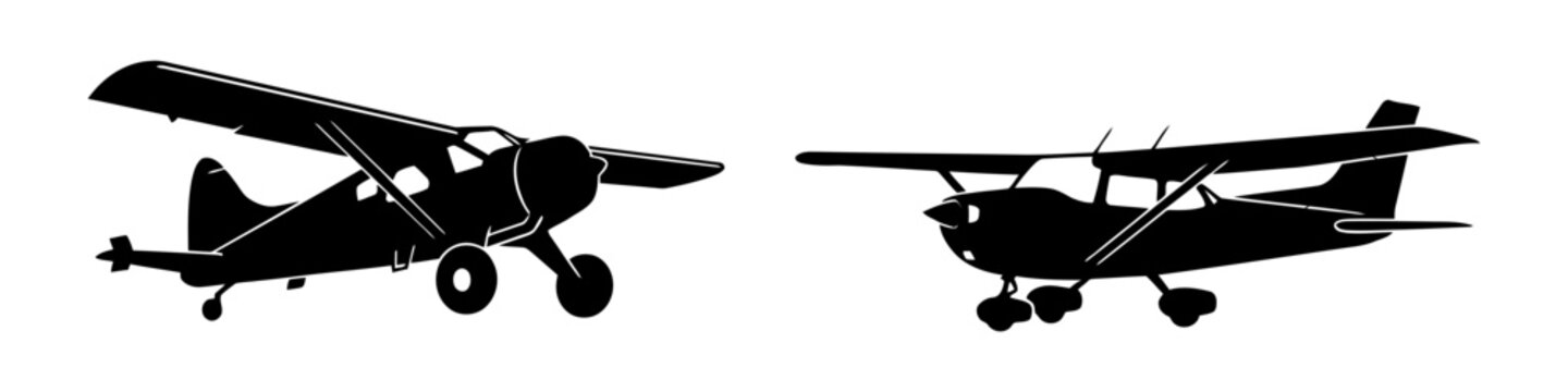 Two detailed black silhouette illustrations of small general aviation propeller aircraft isolated on white background for aviation industry graphic design.