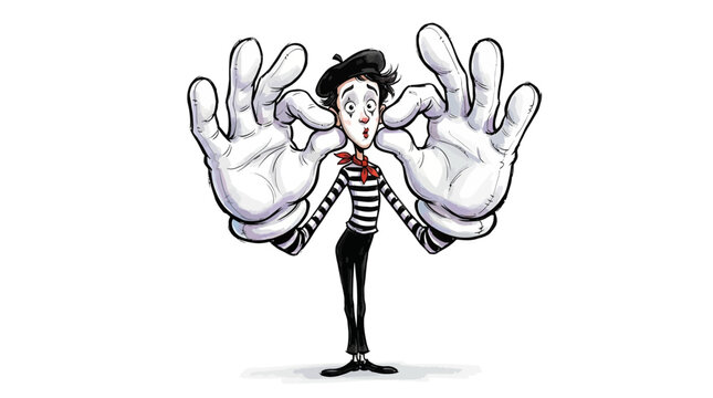 Cartoon mime with oversized hands performing.