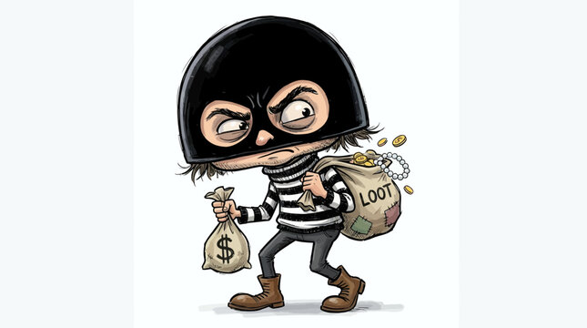 Cartoon thief with money bags.